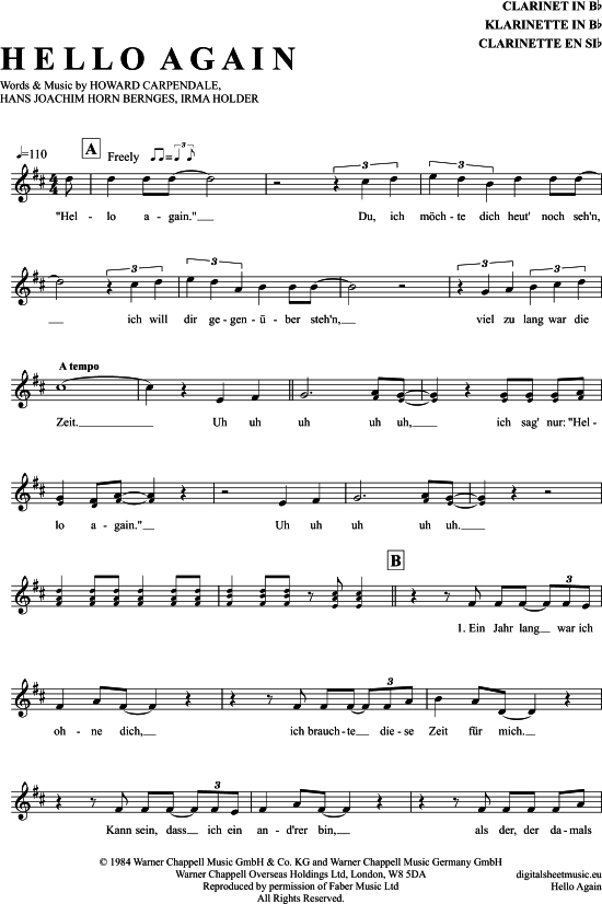 Hello Again (Klarinette in B) (Klarinette) von Howard Carpendale