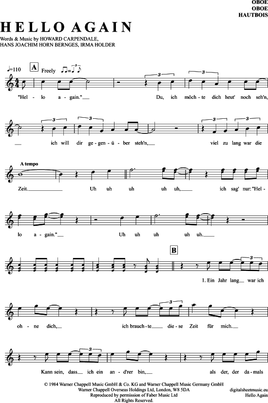 Hello Again (Oboe) (Oboe Fagott) von Howard Carpendale
