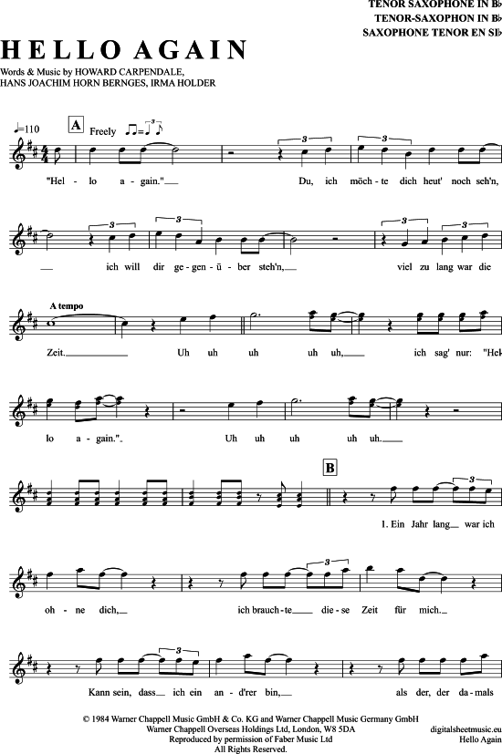 Hello Again (Tenor-Sax) (Tenor Saxophon) von Howard Carpendale