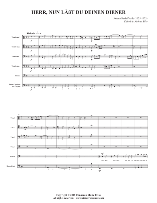 Herr nun l auml sst Du Deinen Diener (Ensemble f uuml r Bass 4x Posaune + BC) (Ensemble (Gemischt)) von Johann Rudolf Ahle