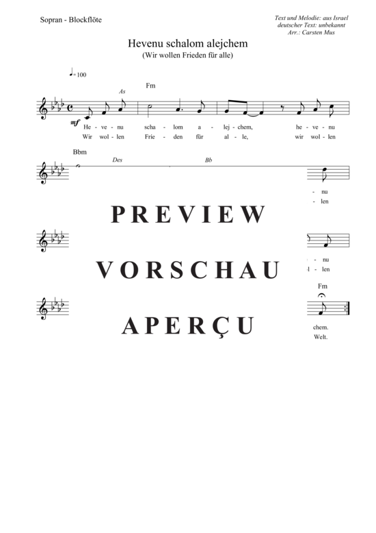 Hevenu schalom alejchem - Wir wollen Frieden f r alle (mit Liedtext) (Sopran-Blockfl te Solo) (Blockfl te) von Traditional