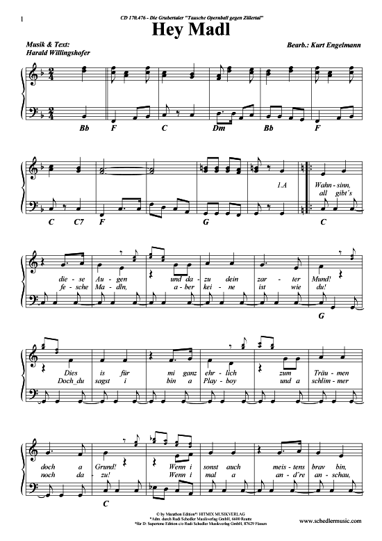 Hey Madl (Klavier + Gesang) (Klavier Gesang  Gitarre) von Die Grubertaler 