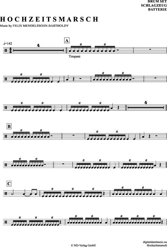 Hochzeitsmarsch (Drums) (Schlagzeug) von Felix Mendelssohn Bartholdy