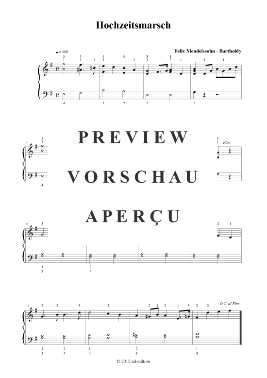 Hochzeitsmarsch (Klavier solo einfach) (Klavier einfach) von Felix Mendelssohn-Bartholdy (bearb.)