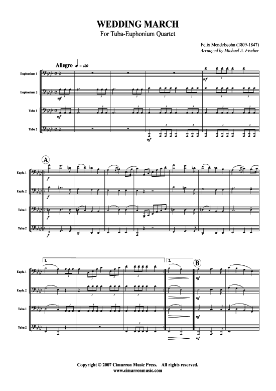 Hochzeitsmarsch (Tuba Quartett 2x Bariton 2xTuba) (Quartett (Tuba)) von Felix Mendelssohn Bartholdy