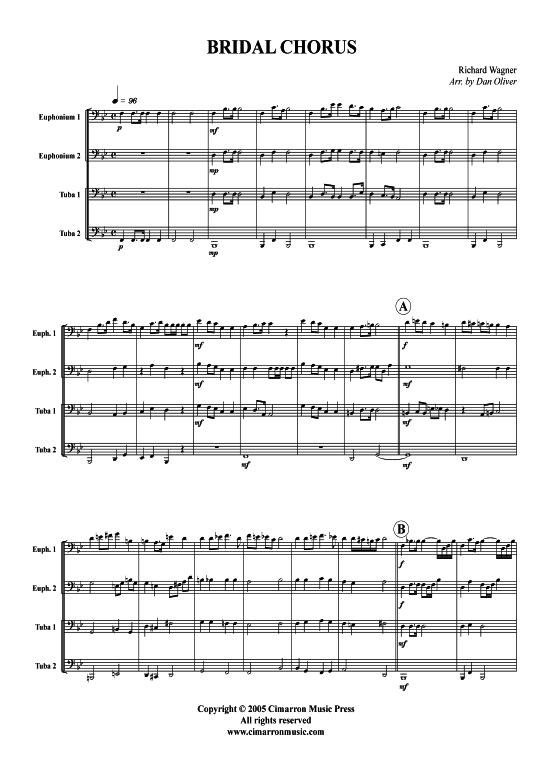 Hochzeitsmarsch (Tuba Quartett 2x Bariton 2xTuba) (Quartett (Tuba)) von Richard Wagner (aus Lohengrin)