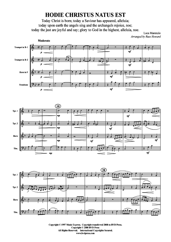 Hodie Christus Natus Est (2xTromp in B Horn in F (Pos) Pos) (Quartett (Blech Brass)) von Luca Marenzio