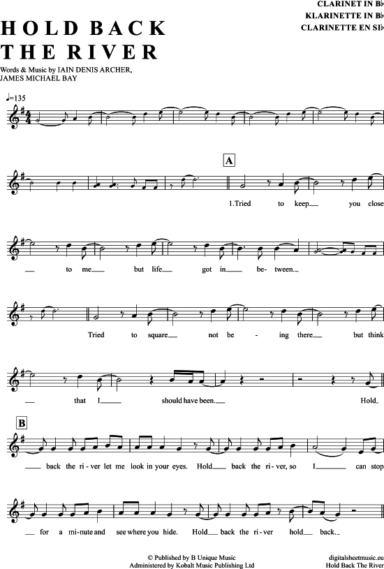 Hold back the river (Klarinette in B) (Klarinette) von James Bay