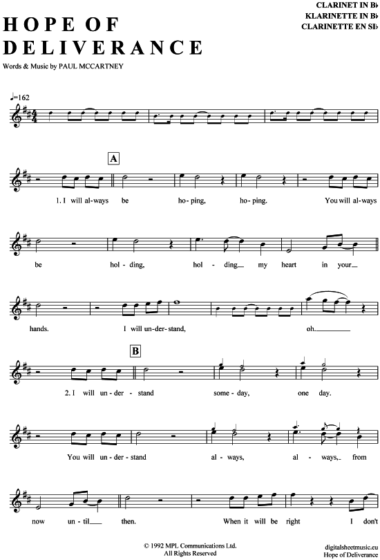 Hope Of Deliverance (Klarinette in B) (Klarinette) von Paul McCartney