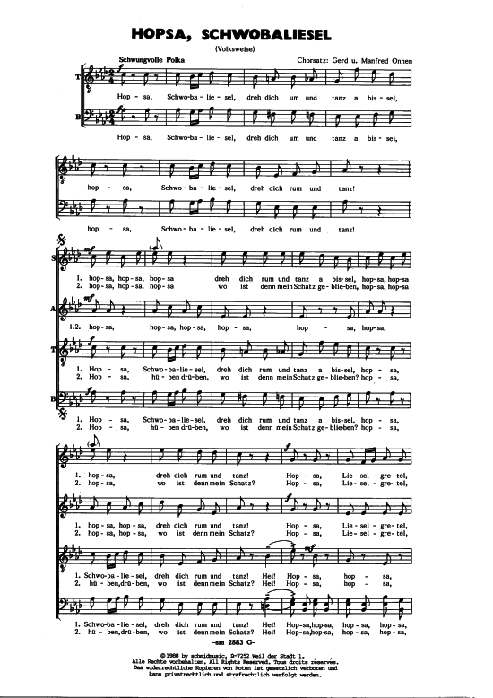 Hopsa Schwobaliesel (Gemischter Chor) (Gemischter Chor) von Traditional (Satz Manfred Onnen)