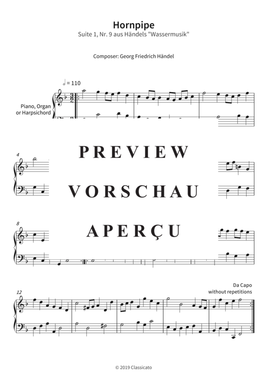 Hornpipe - Suite 1 Nr. 9 aus H ndels Wassermusik (Klavier Solo) (Klavier Solo) von Georg Friedrich H ndel