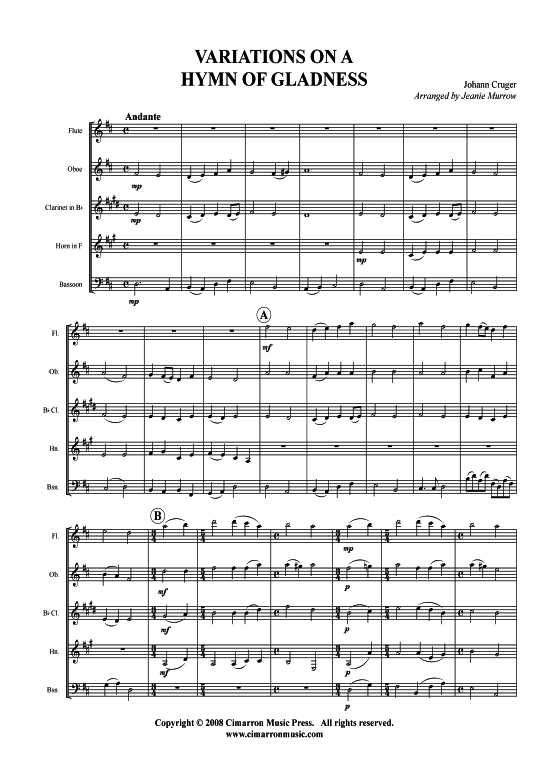 Hymn of Gladness (Variations) (Holzbl auml ser-Quintett) (Quintett (Holzbl ser)) von Johann Cr uuml ger