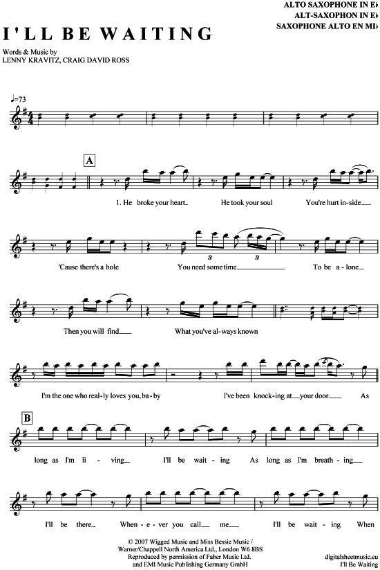 I acute ll be waiting (Alt-Sax) (Alt Saxophon) von Lenny Kravitz