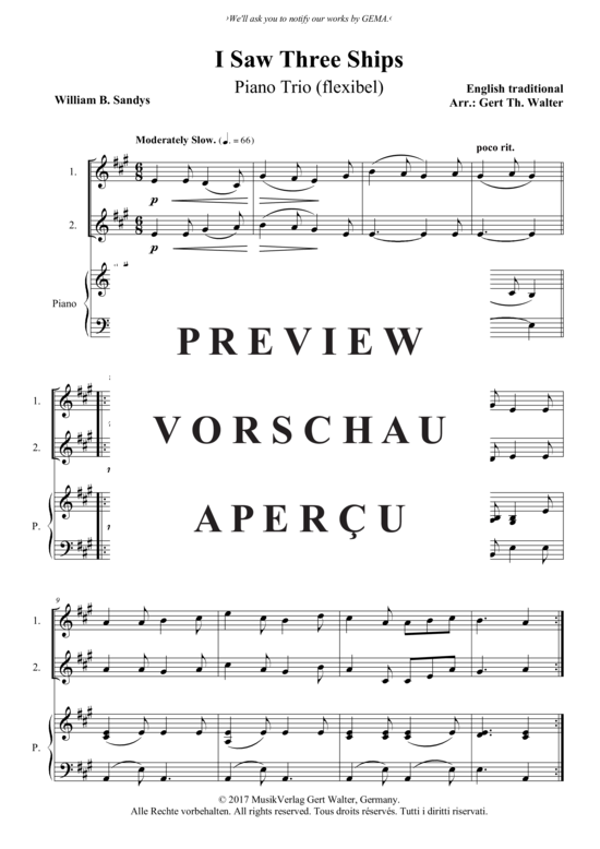 I Saw Three Ships (2 Stimmen in C + Klavier) (Trio (Klavier  2 St.)) von Traditional