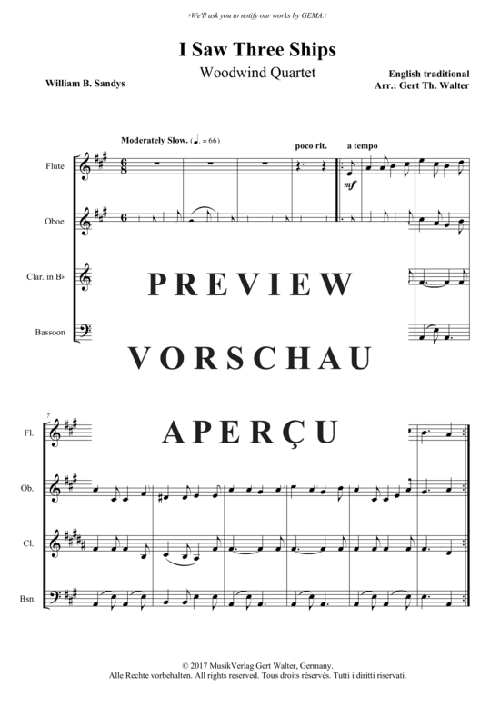 I Saw Three Ships (Fl te Oboe Klarinette Fagott) (Quartett (Holzbl ser)) von Traditional