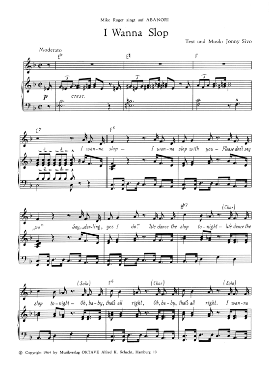 I Wanna Slop (Klavier + Gesang) (Klavier Gesang  Gitarre) von Mike Roger (1964)