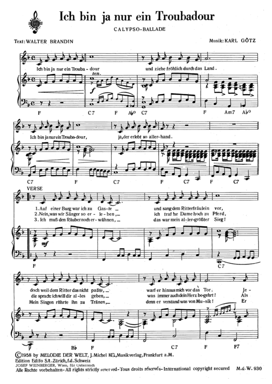 Ich bin ja nur ein Troubadour (Klavier + Gesang) (Klavier Gesang  Gitarre) von Fred Bertelmann