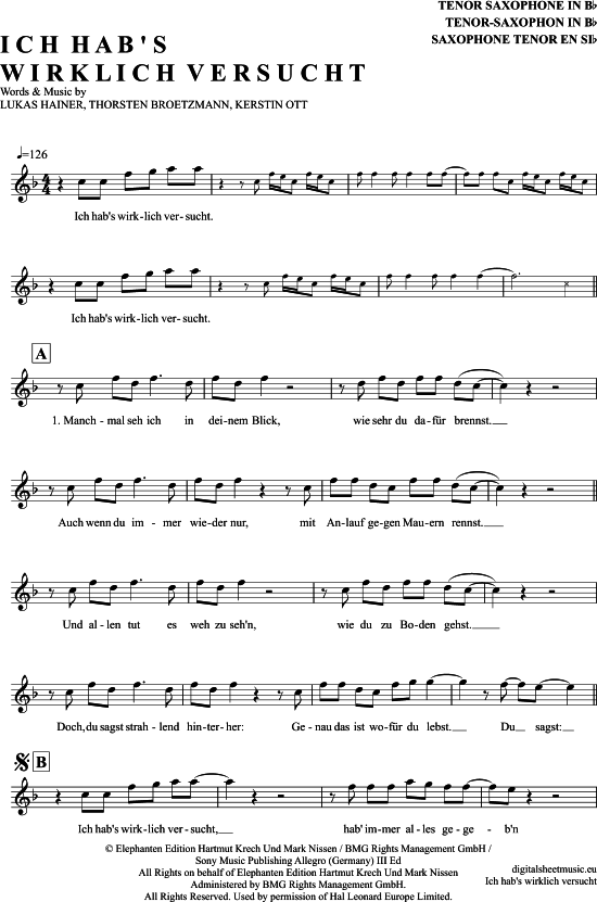 Ich Hab S Wirklich Versucht (Tenor-Sax) (Tenor Saxophon) von Kerstin Ott