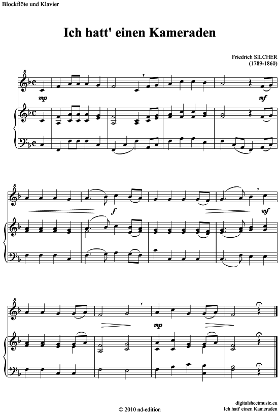 Ich hatt einen Kameraden (Blockfl te + Klavier) (Klavier  Blockfl te) von Friedrich Silcher (1789-1860)