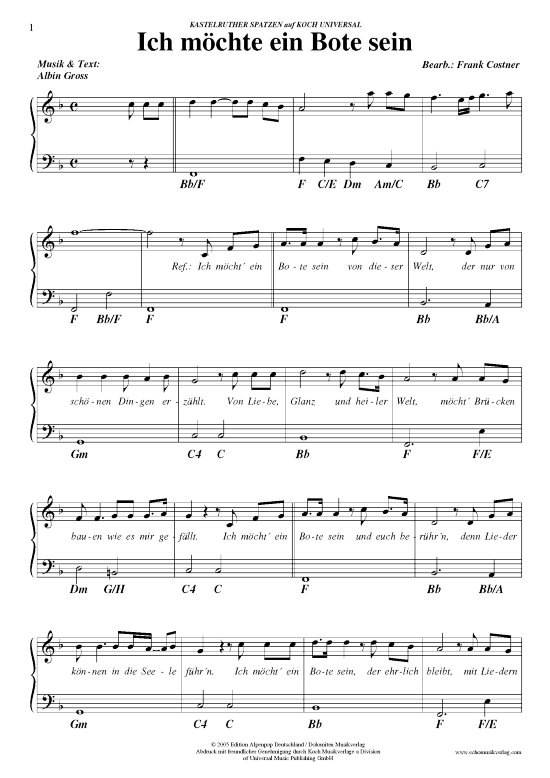 Ich m chte ein Bote sein (Klavier Gesang  Gitarre) von Kastelruther Spatzen