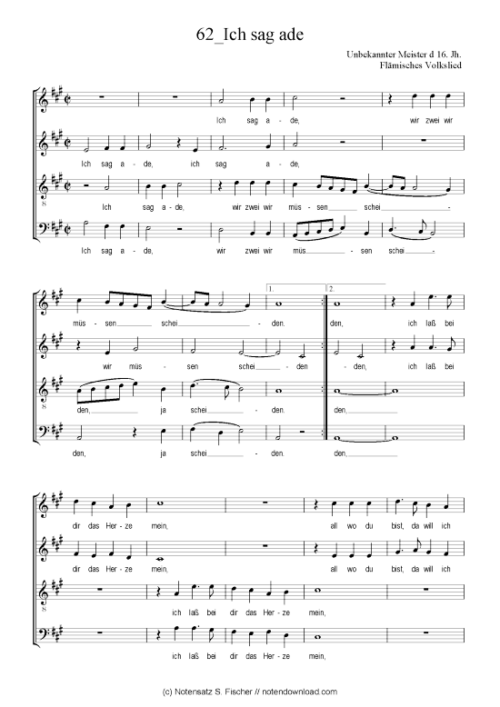 Ich sag ade (Gemischter Chor) (Gemischter Chor) von Unbekannter Meister d 16. Jh. Fl misches Volkslied