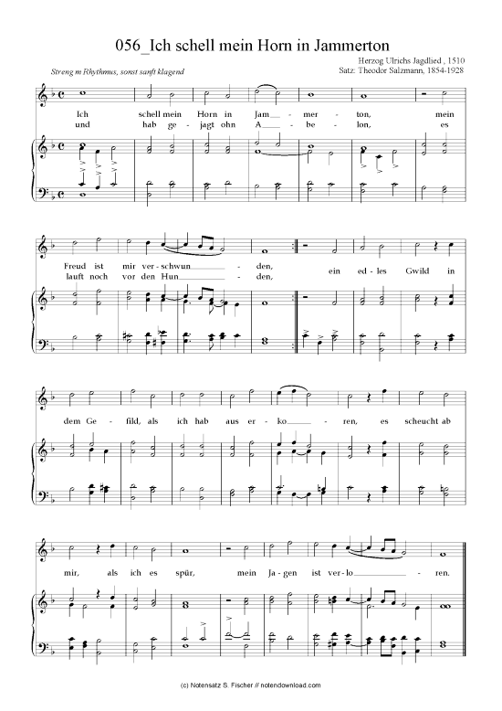 Ich schell mein Horn in Jammerton (Klavier + Gesang) (Klavier  Gesang) von Herzog Ulrichs Jagdlied  1510 