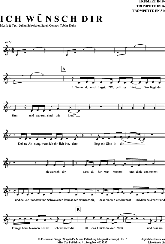 Ich W nsch Dir (Trompete in B) (Trompete) von Sarah Connor