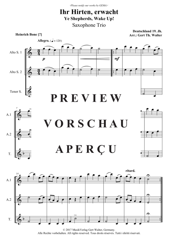 Ihr Hirten erwacht (Saxophon Trio) (Trio (Saxophon)) von Traditional