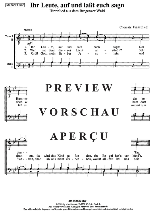 Ihr Leute auf und la szlig t euch sagn (M auml nnerchor) (M nnerchor) von Hirtenlied aus dem Bregenzer Wald