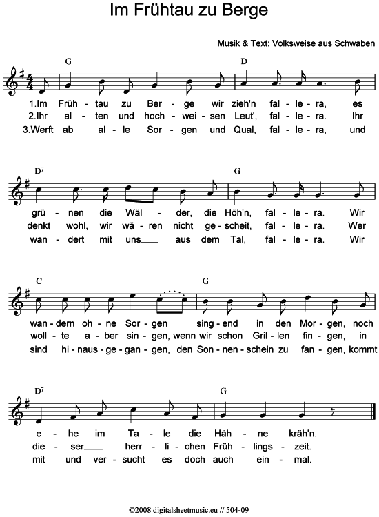 Im Fr htau zu Berge (Gesang  Akkorde) von Volksweise aus Schwaben