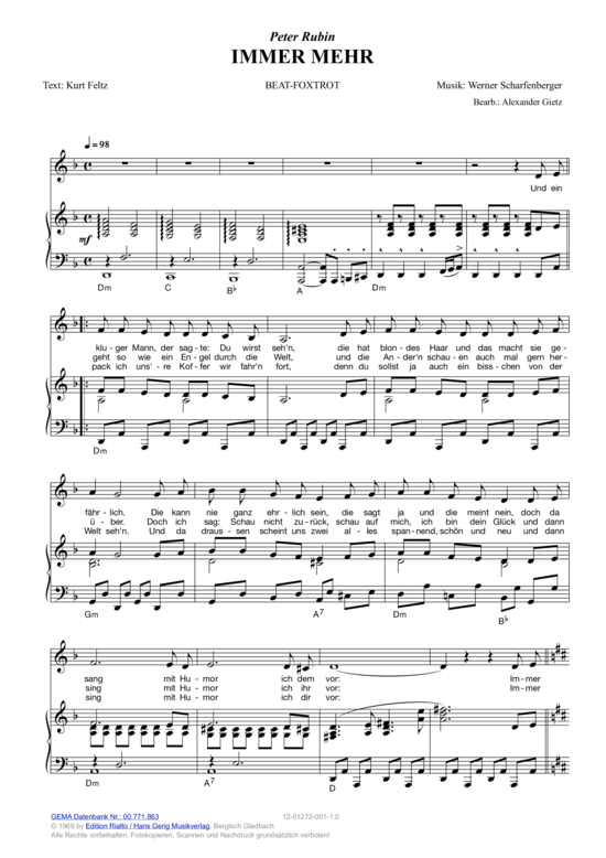 Immer mehr (Klavier + Gesang) (Klavier Gesang  Gitarre) von Peter Rubin