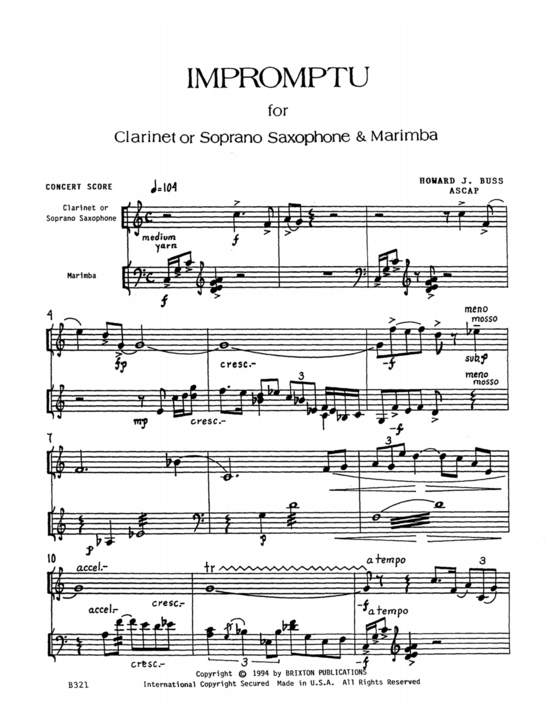 Impromptu (Klarinette Sopransaxophon und Marimbaphon) (Trio (Percussion  2 St.)) von Howard J. Buss 