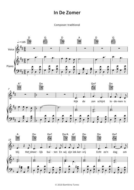 In De Zomer (Gesang + Klavier Gitarre) (Klavier  Gesang) von traditional