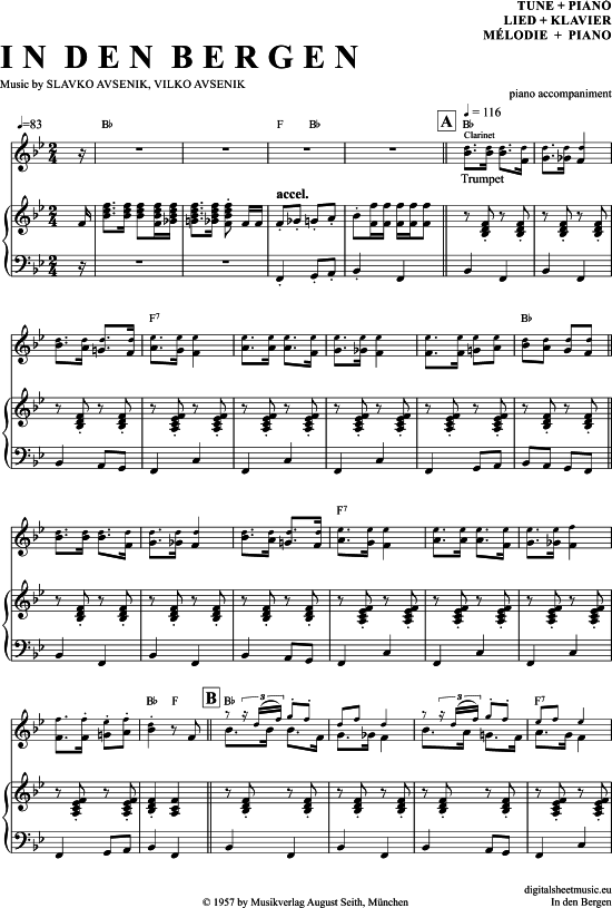 In Den Bergen (Klavier Begleitung + Gesang) (Klavier Gesang  Gitarre) von Slavko Avsenik und seine Original Oberkrainer