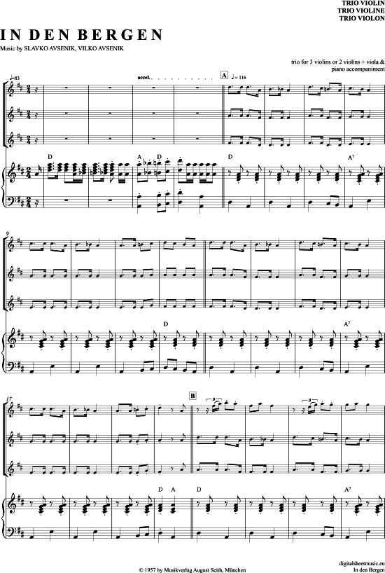 In Den Bergen (Violinen Trio + Klavier) (Trio (Violine)) von Slavko Avsenik und seine Original Oberkrainer