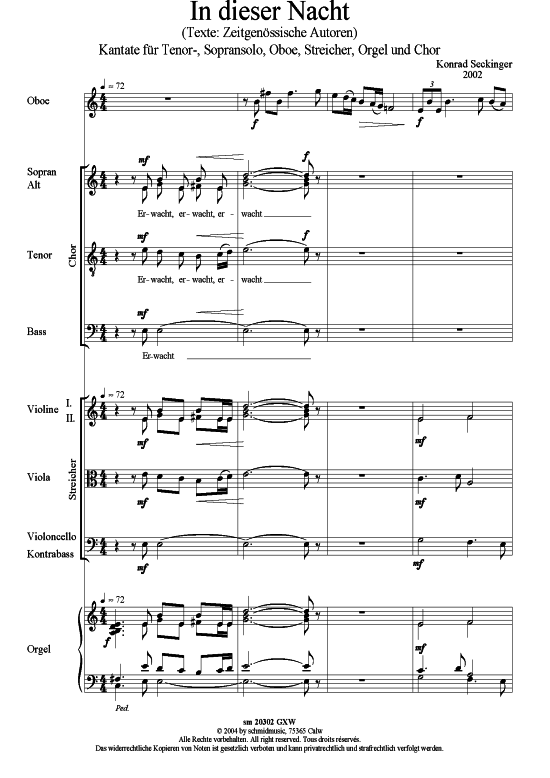 In dieser Nacht (Sopran Tenor Oboe Streicher Chor + Orgel) (Gemischter Chor Soli Orgel) von Konrad Seckinger (Kantate 2003)