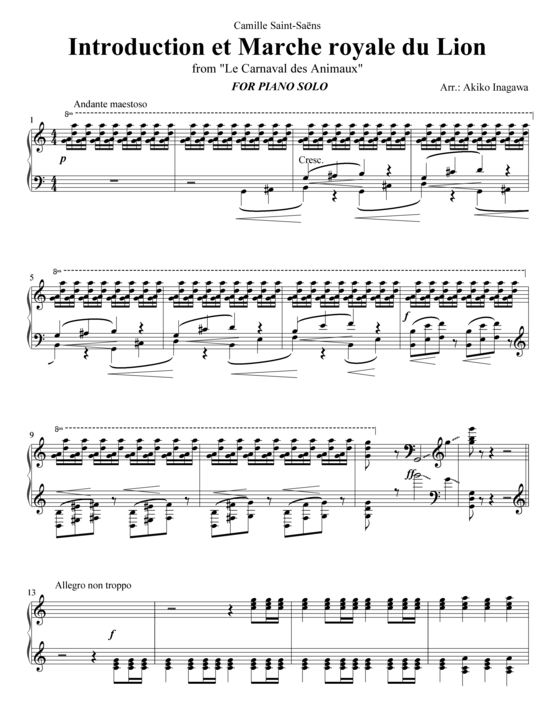 Introduction et et Marche royale du Lion (aus Karneval der Tiere) (Klavier Solo) (Klavier Solo) von Camille Saint-Sa euml ns (arr. A. Inagawa)