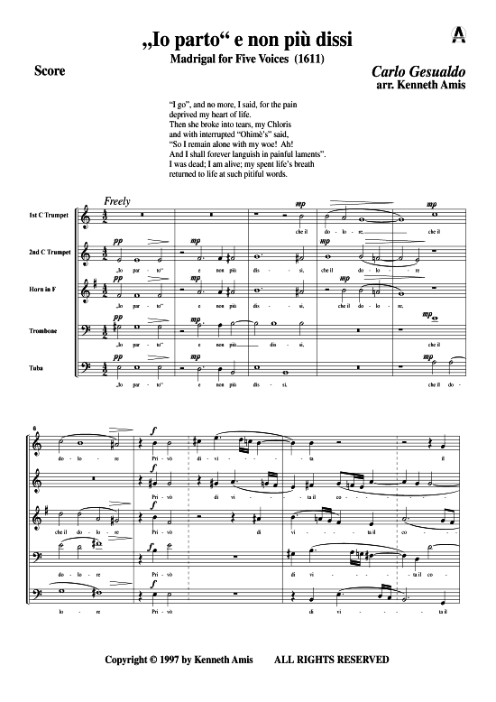 Io parto e non piu dissi (Blechbl auml serquintett) (Quintett (Blech Brass)) von Carlo Gesualdo (Madrigale 1611)