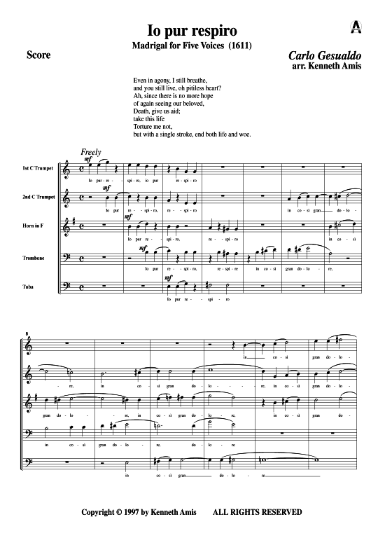 Io pur respiro (Blechbl serquintett) (Quintett (Blech Brass)) von Carlo Gesualdo (Madrigale 1611)