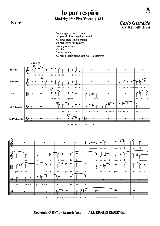 Io pur respiro (Streichquintett) (Quintett (Streicher)) von Carlo Gesualdo (Madrigale 1611)