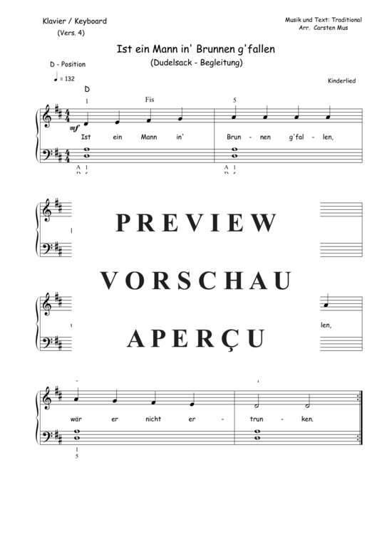 Ist ein Mann in Brunnen g fallen (D-Dur ) (Vers. 4) (Klavier einfach) (Klavier einfach) von Traditional 