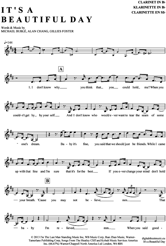 It acute s a beautiful day (Klarinette in B) (Klarinette) von Michael Buble