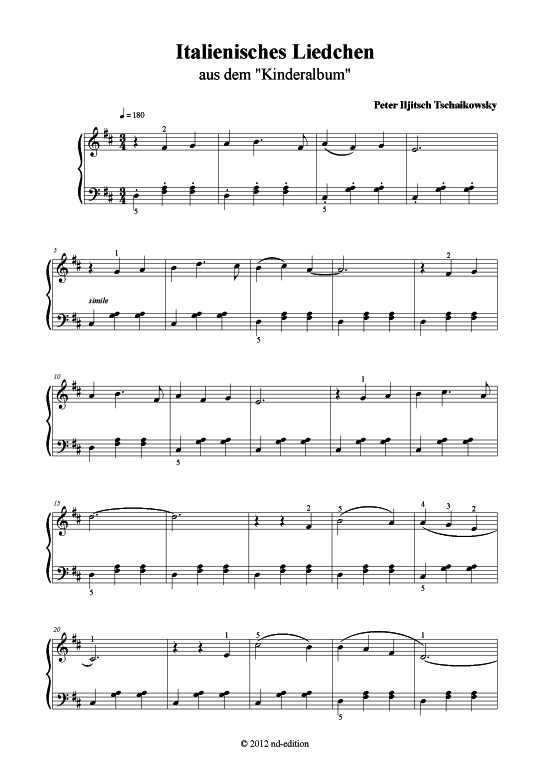 Italienisches Liedchen (Klavier solo einfach) (Klavier einfach) von Peter Iljitsch Tschaikowsky (bearb. aus Kinderalbum op. 39)