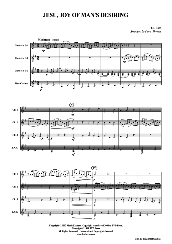 Jesu bleibet meine Freude (3xKLAR in B Bass-KLAR) (Quartett (Klarinette)) von J. S. Bach BWV 147 (arr. Thomas)