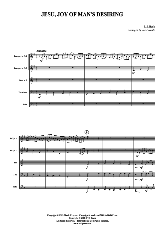 Jesu bleibet meine Freude (Blechbl serquintett) (Quintett (Blech Brass)) von J. S. Bach (arr. Parente)