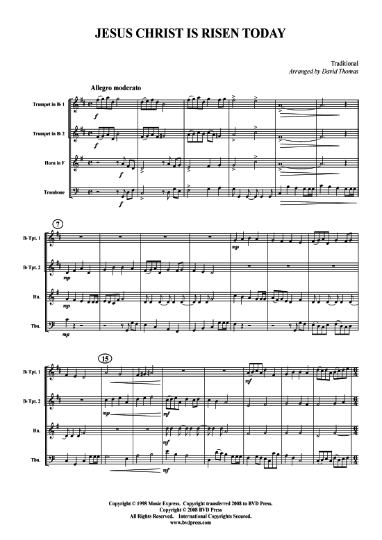 Jesus Christ is Risen Today (2xTromp in B Horn in F (Pos) Pos) (Quartett (Blech Brass)) von Osterlied (arr. Thomas)