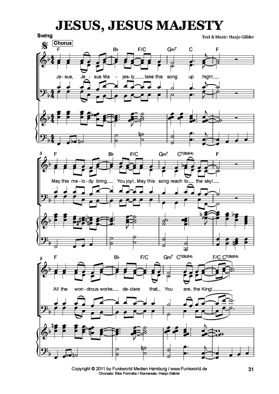 Jesus Jesus Majesty (Klavier + Gesang) (Gemischter Chor Klavier) von Hanjo G auml bler (aus Songs for Gospel Vol. 4)