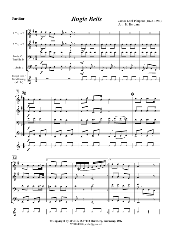 Jingle Bells (Blechbl serquartett 2 Trp (B) Pos TenH Tub) (Quartett (Blech Brass)) von James Lord Pierpont