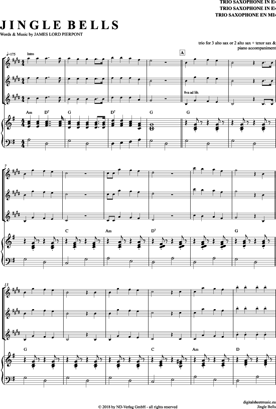 Jingle Bells (Saxophon Trio AAA(T) + Klavier) (Trio (Saxophon)) von Weihnachten
