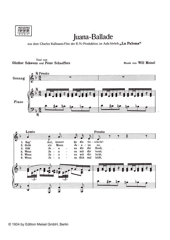 Juana Ballade (Klavier + Gesang) (Klavier Gesang  Gitarre) von 
